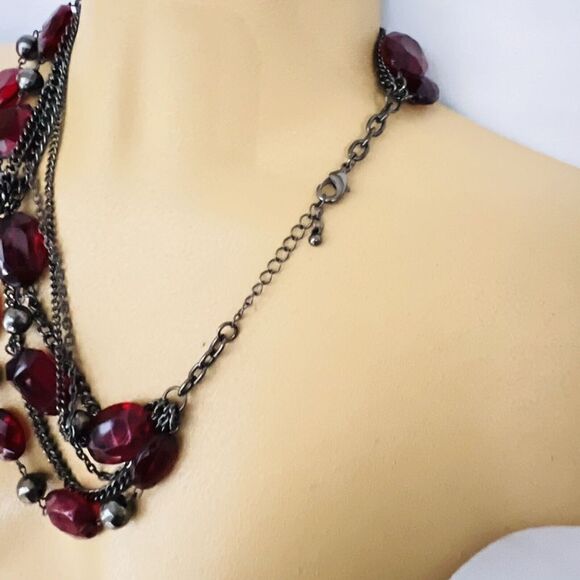 Layered Necklace Wine Red Faceted Beads Gunmetal Tone Multi Strand PRETTY 4047 - Picture 4 of 9